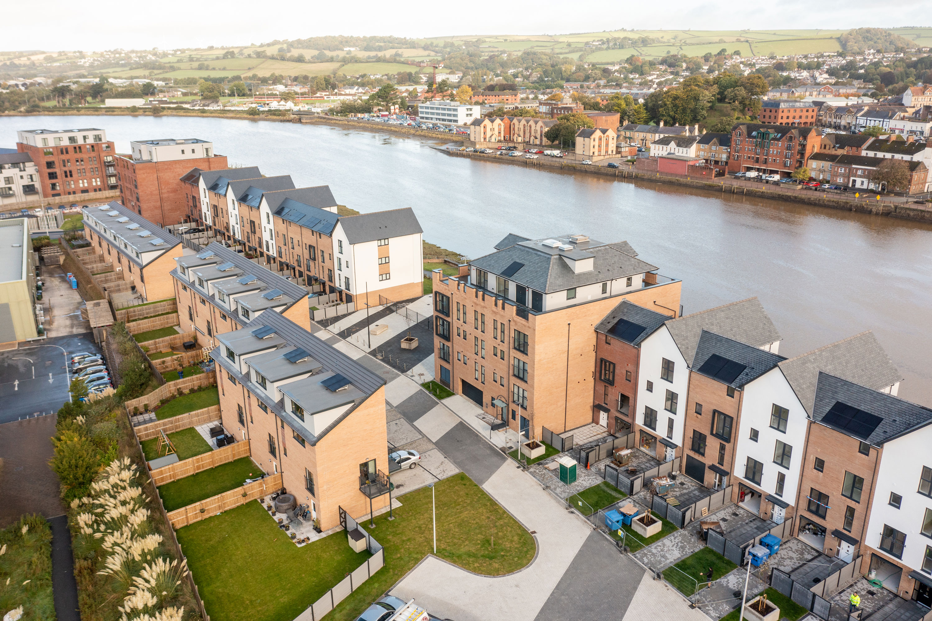 Aerial view of luxury riverside houses at Taw Wharf in Barnstaple