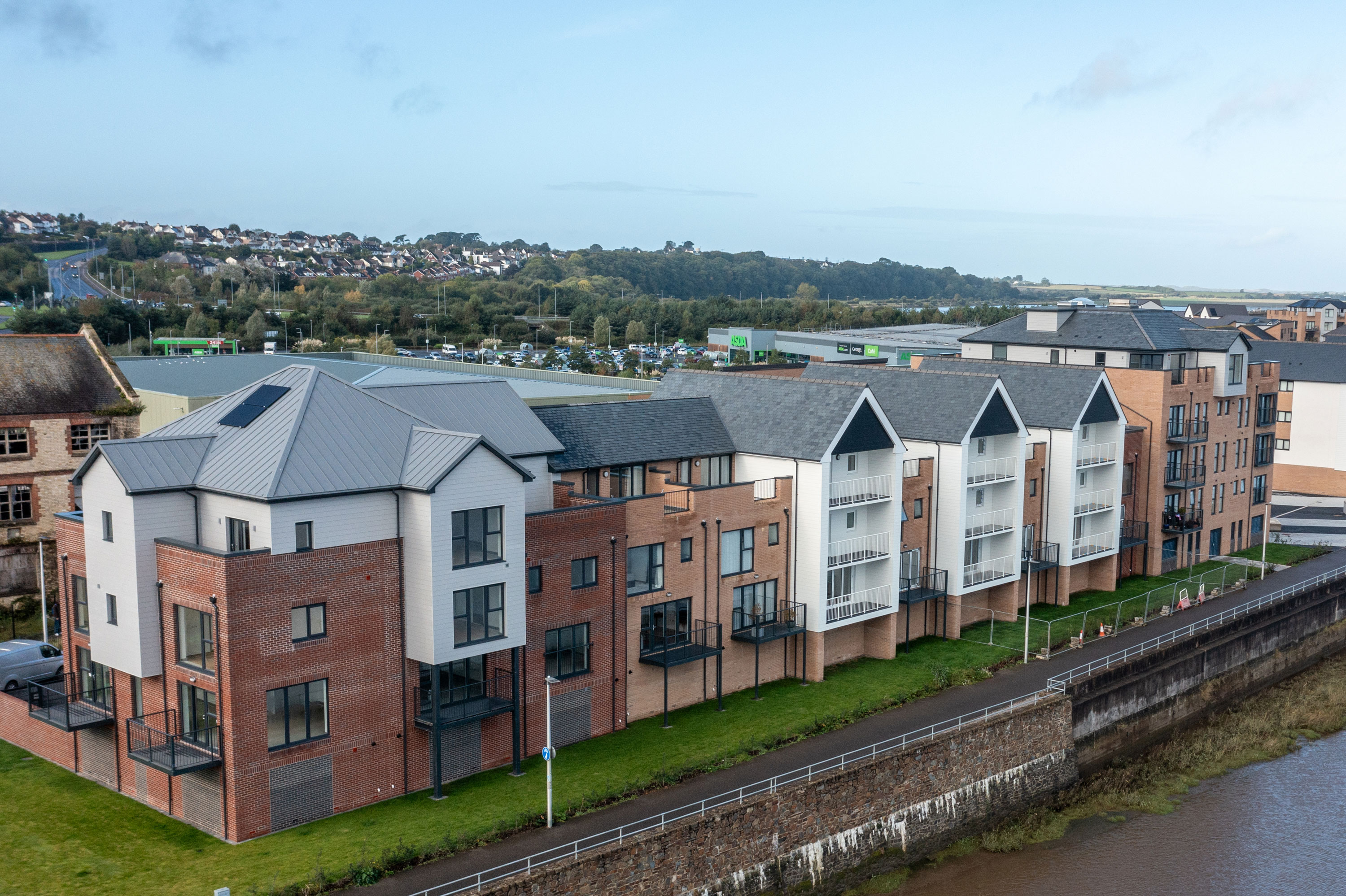 Aerial view of luxury riverside houses at Taw Wharf in Barnstaple