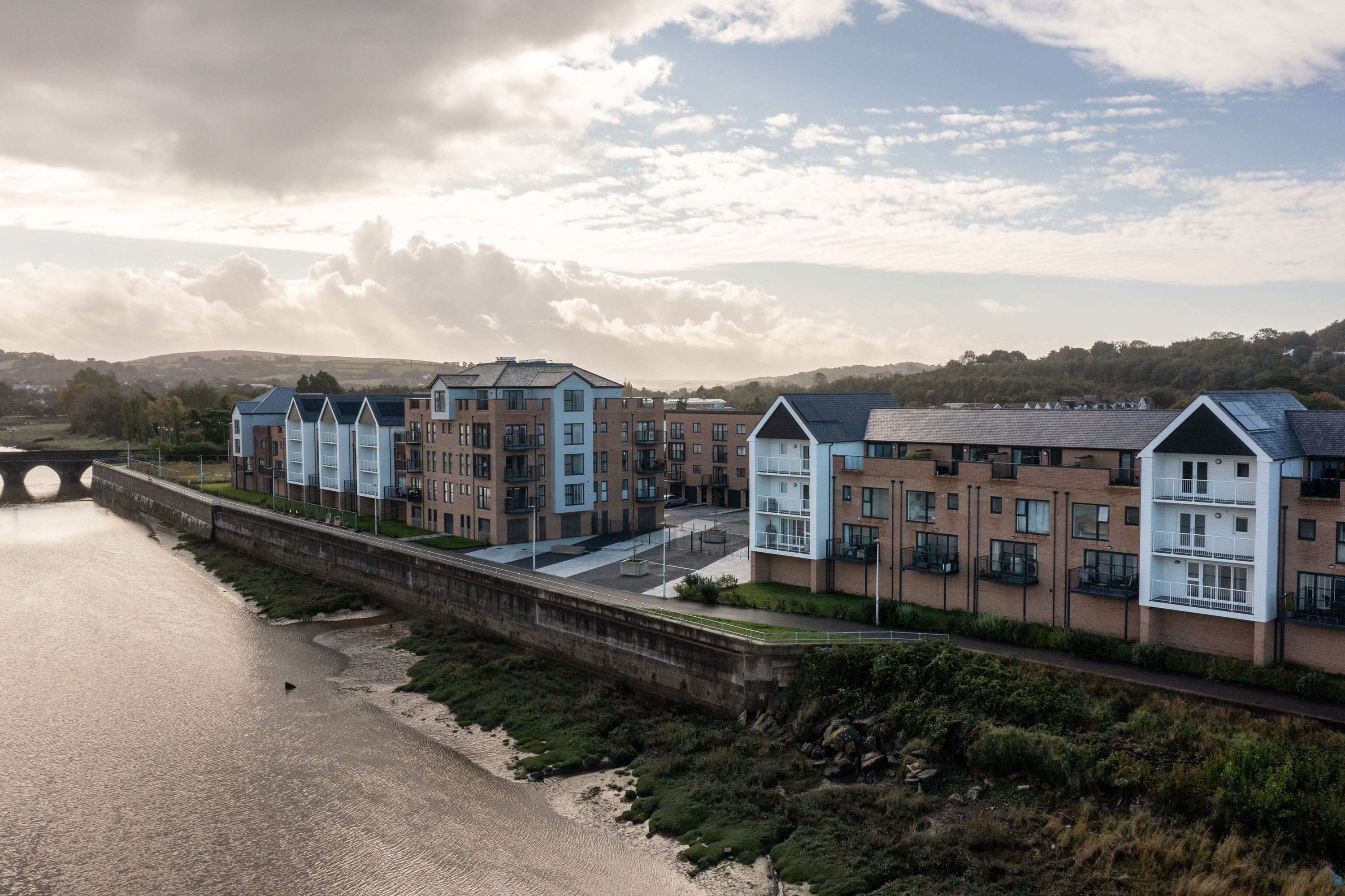 Aerial view of luxury riverside houses at Taw Wharf in Barnstaple