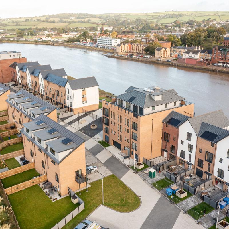 Aerial view of luxury riverside houses at Taw Wharf in Barnstaple