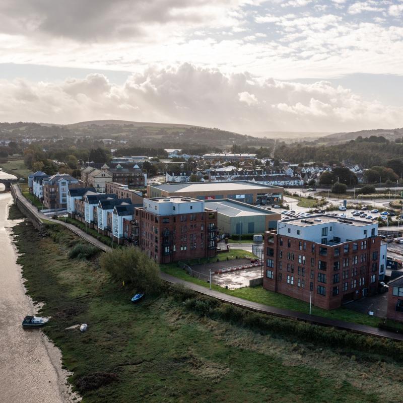 Aerial view of luxury riverside houses at Taw Wharf in Barnstaple