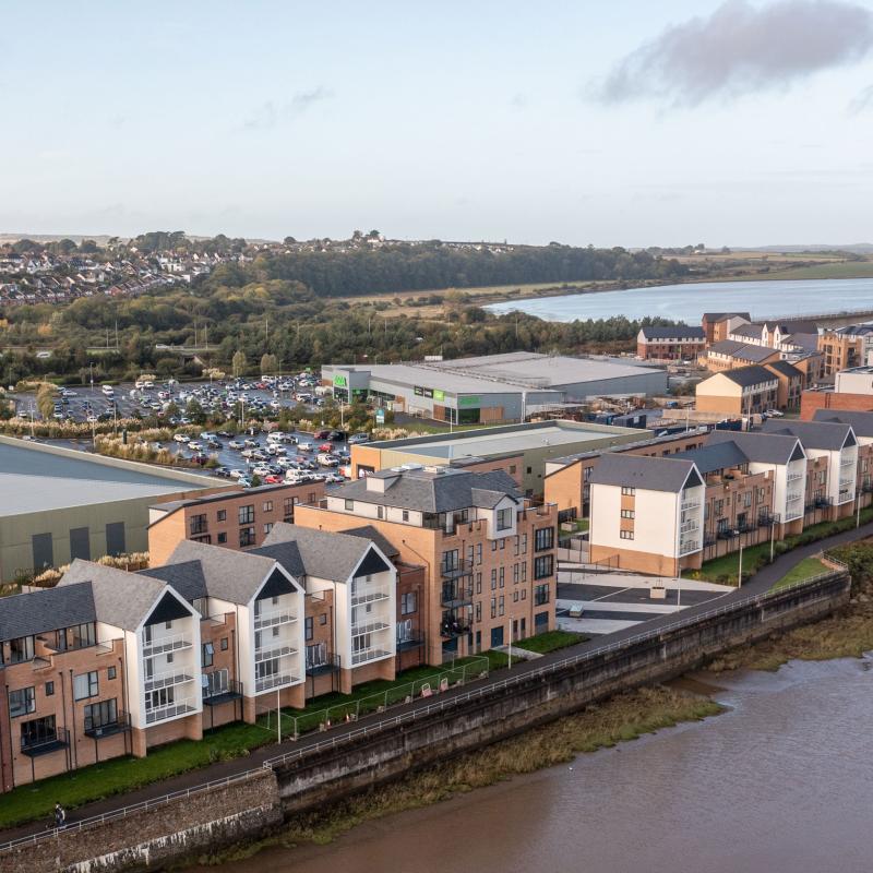 Aerial view of luxury riverside houses at Taw Wharf in Barnstaple